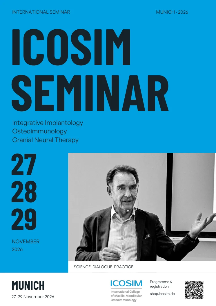 ICOSIM Seminar 2026 congress-poster design in light blue, featuring Dr. med. dent. Dr. (PhD-UCN) Johann Lechner speaking